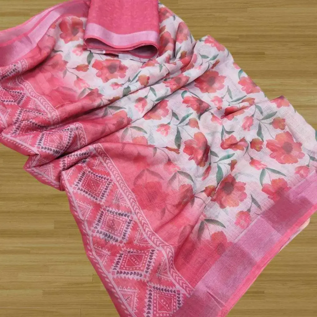 S4S Linen Baby Pink Flower Digital Print Cotton Saree
