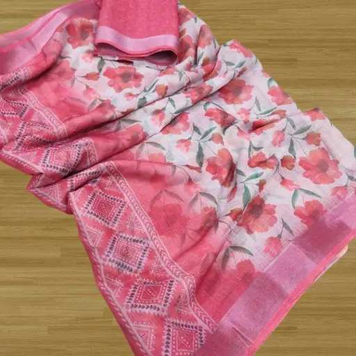 [S4S Linen Baby Pink Flower Digital Print Cotton Saree] S4S Linen Baby Pink Flower Digital Print Cotton Saree